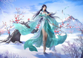 обоя фэнтези, девушки, зима, девушка, снег, цветы, горы, дерево, меч, fan, xiu