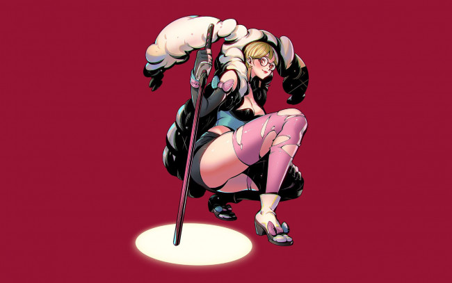 Обои картинки фото аниме, unknown,  другое , девушка, очки, меч