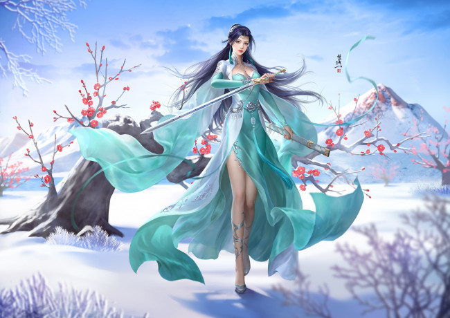 Обои картинки фото фэнтези, девушки, зима, девушка, снег, цветы, горы, дерево, меч, fan, xiu