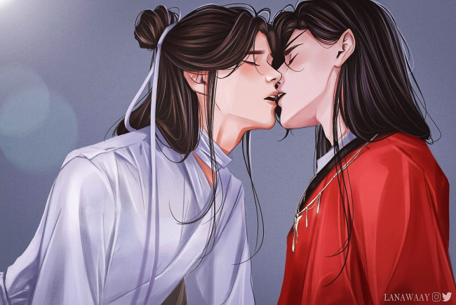 Обои картинки фото аниме, tian guan ci fu, се, лянь, хуа, чэн, поцелуй