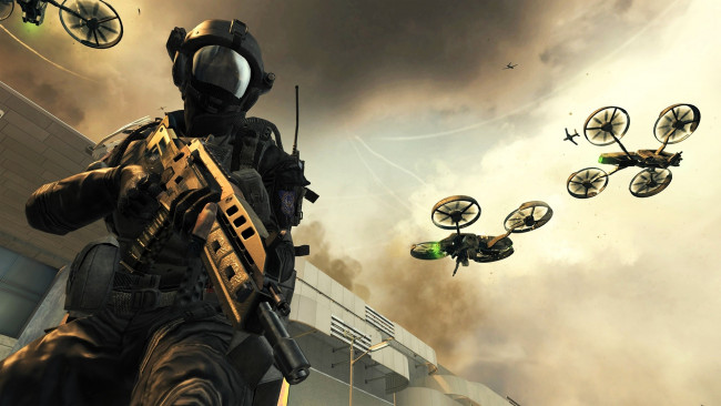Обои картинки фото видео игры, call of duty,  black ops ii, солдат, амуниция, здание, дроны