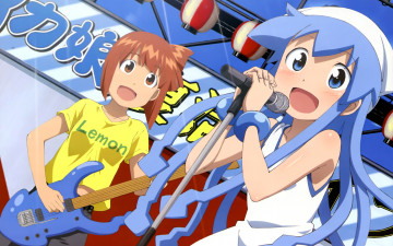 Картинка аниме shinryaku ika musume гитара микрофон девушки