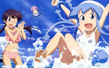 Картинка аниме shinryaku ika musume лето облака брызги вода девушки