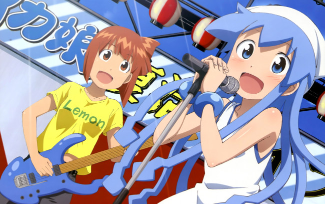 Обои картинки фото аниме, shinryaku, ika, musume, гитара, микрофон, девушки