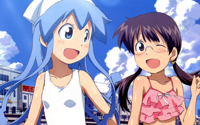 Обои картинки фото аниме, shinryaku, ika, musume, разговор, девушки