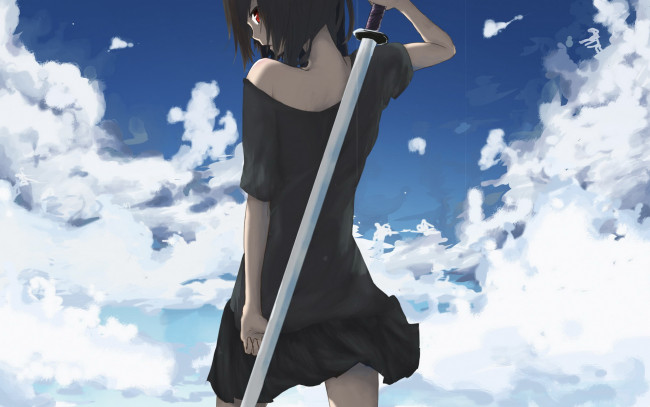 Обои картинки фото аниме, weapon, blood, technology, облака, меч, девушка