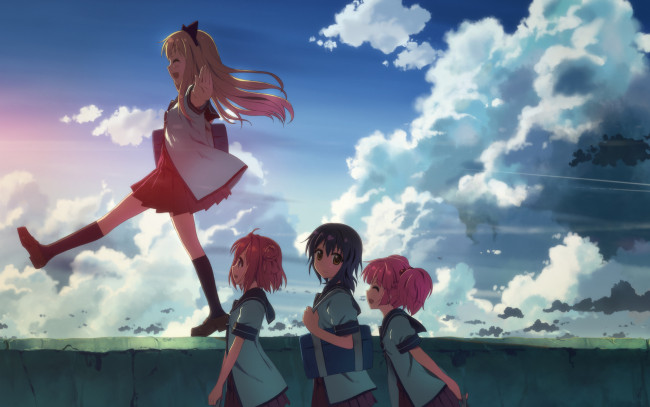 Обои картинки фото аниме, yuru, yuri, облака, девушки