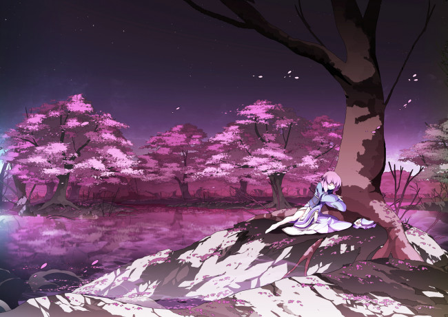 Обои картинки фото аниме, touhou, asakura, masatoki, saigyouji, yuyuko, девушка, сакура, деревья, озеро