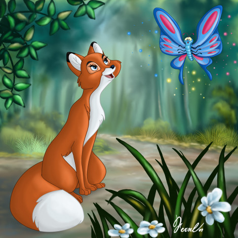 Обои картинки фото мультфильмы, the, fox, and, hound, бабочка, лиса