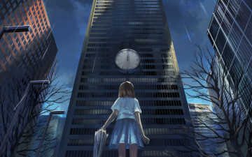 Картинка аниме город +улицы +здания девочка арт дождь дома часы зонт здания