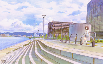 Картинка аниме город +улицы +здания набережная