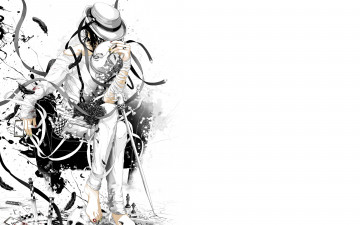 Картинка аниме оружие +техника +технологии розы череп перья маска пистолет парень ленты шахматы шляпа карты ножи