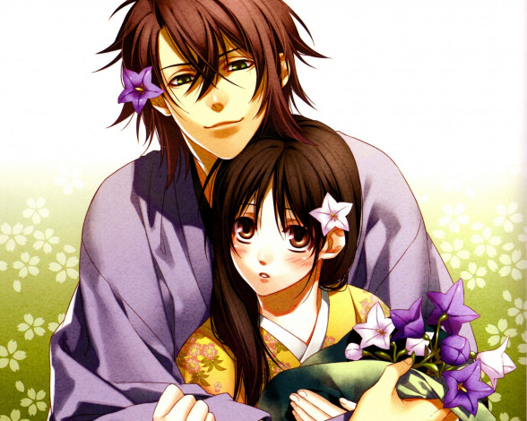 Обои картинки фото аниме, hakuoki, парень, девушка, цветы