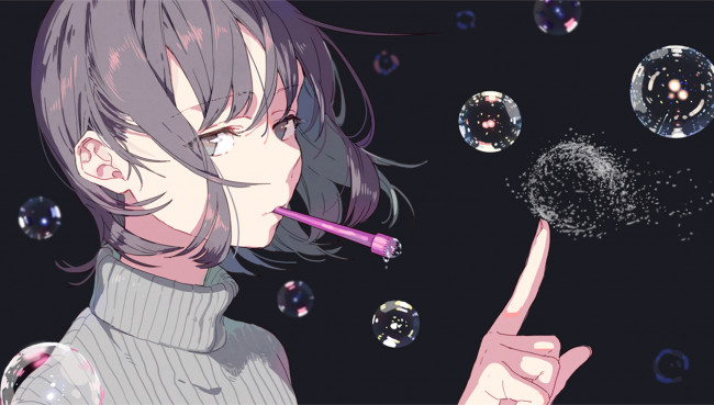 Обои картинки фото аниме, unknown,  другое, капли, мыльные, пузыри, крупный, план, водолазка, девушка