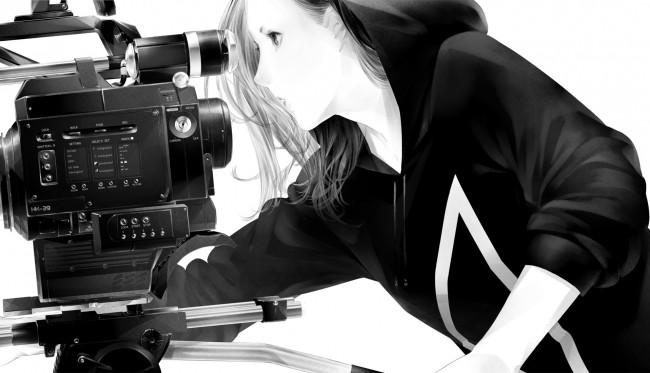 Обои картинки фото аниме, оружие,  техника,  технологии, девушка, sawasawa, арт, капюшон, камера
