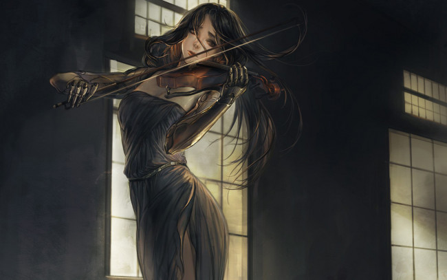 Обои картинки фото аниме, музыка, играет, скрипка, девушка, робот, окна