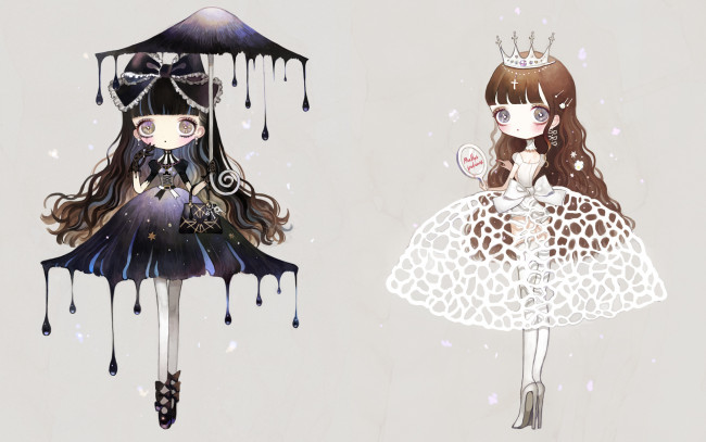 Обои картинки фото аниме, unknown,  другое, сумка, корона, зонт, девочки, туфли, бантики, крест, зеркало