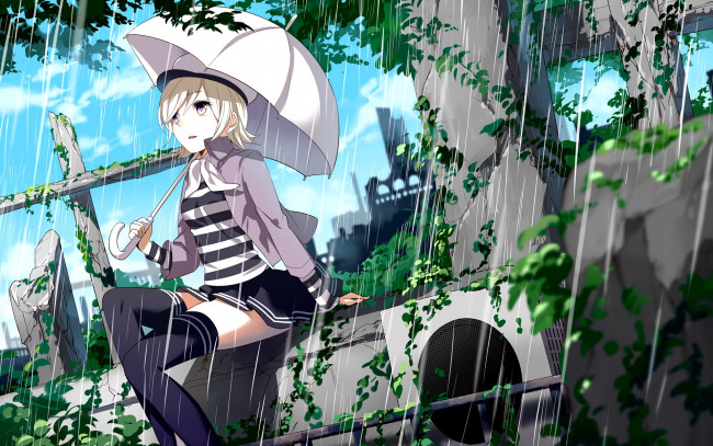 Обои картинки фото аниме, vocaloid, девушка, взгляд, фон, зонтик, дождь