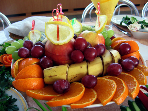 Обои картинки фото еда, фрукты,  ягоды, бабаны, яблоки, виноград, лимон, апельсины