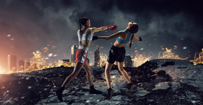 Обои картинки фото спорт, бокс, девушки, взгляд, фон