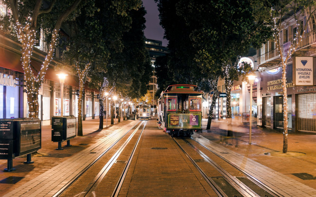 Обои картинки фото города, сан-франциско , сша, вечер, улица, трамваи, фонари