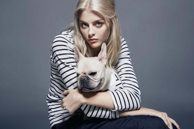 Обои картинки фото девушки, -unsort , блондинки,  светловолосые, собака, свитер, блондинка