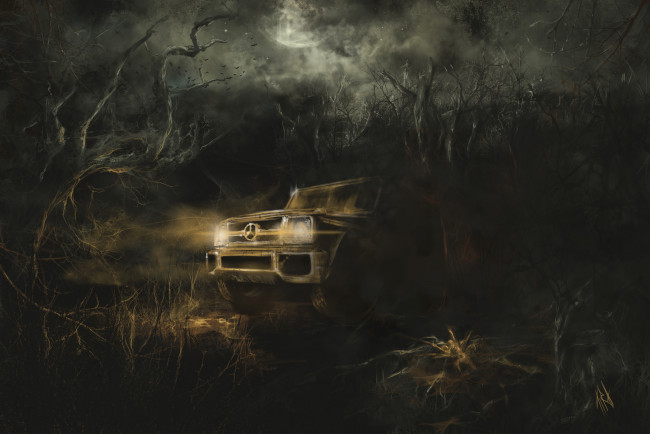 Обои картинки фото рисованное, авто, мото, лес, ночь, мерседес, машина
