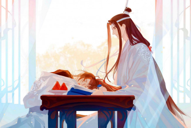 Обои картинки фото аниме, mo dao zu shi, вэй, усянь, лань, ванцзы, стол, арбуз