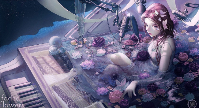 Обои картинки фото аниме, музыка, девушка, цветы, вода, пианино, микрофон
