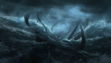 Картинка фэнтези существа гигантский спрут корабль шторм непогода