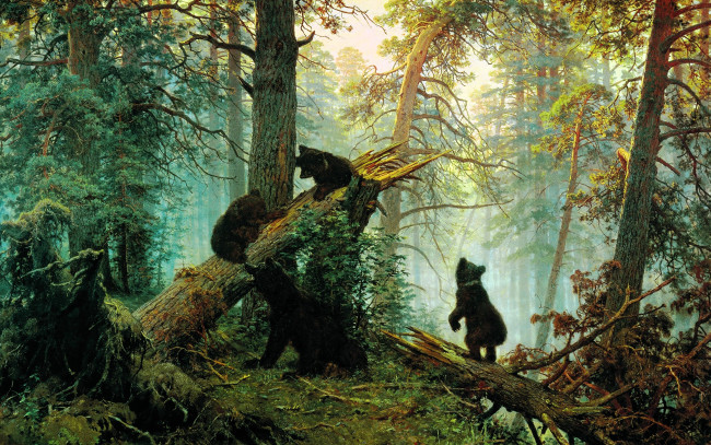Обои картинки фото утро в сосновом бору, рисованное, иван шишкин, лес, бревно, медведи