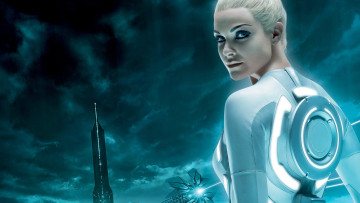 обоя кино фильмы, tron legacy, девушка, блондинка, форма, неон, башня, тучи