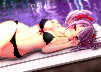 Картинка аниме idolm@ster imachi idolmaster kanzaki ranko девочка лежа купальник капли вода бассейн