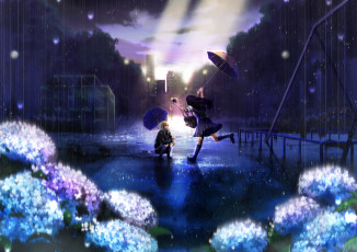 Картинка аниме *unknown другое зонт дождь школьная форма две девушки