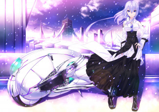 Картинка аниме weapon blood technology девушка мотоцикл ветер лепестки смотрит