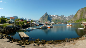 обоя норвегия, нурланн, reine, города, панорамы, домики, река