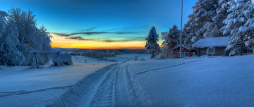 Картинка природа зима панорама пейзаж домик дорога закат sweden norrland tornedalen