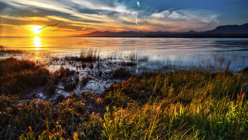 Картинка природа восходы закаты озеро трава холмы горизонт краски закат