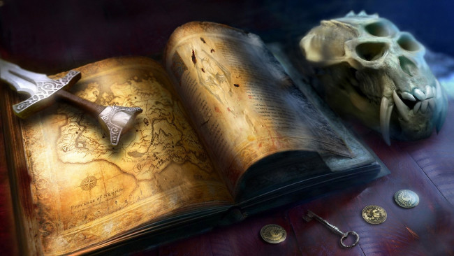 Обои картинки фото видео, игры, the, elder, scrolls, skyrim, меч, книга, карта, монеты