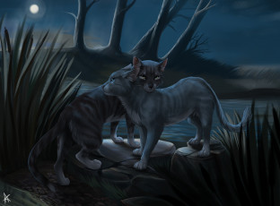 Картинка рисованные животные +коты река деревья коты