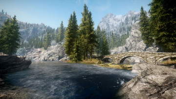 Картинка рисованные природа горы река деревья мост