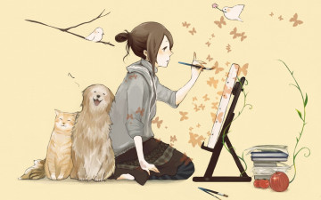 Картинка рисованные дети собака кот девушка