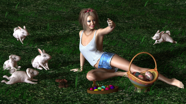 Обои картинки фото 3д графика, people , люди, кролики, взгляд, девушка