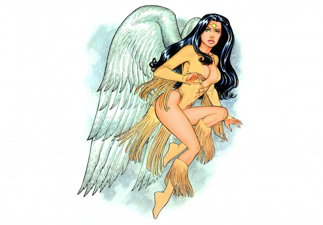 Обои картинки фото рисованное, комиксы, крылья, ангел, взгляд, девушка, фон