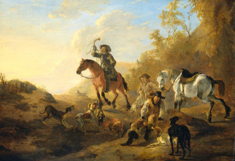 Картинка рисованное живопись пейзаж дирк стоп картина группа охотников масло дерево жанровая