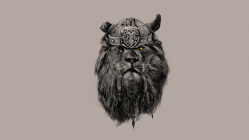 обоя рисованное, минимализм, взгляд, лев, грива, рога, шлем, косы, викинг