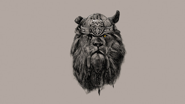 Обои картинки фото рисованное, минимализм, взгляд, лев, грива, рога, шлем, косы, викинг