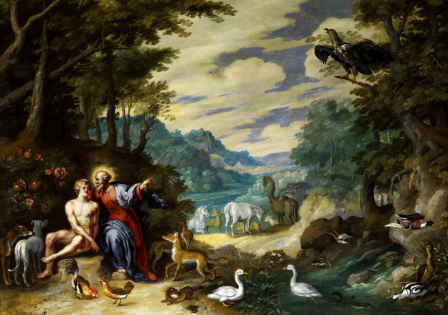 Обои картинки фото рисованное, живопись, Ян, брейгель, младший, картина, в, эдемском, саду, мифология