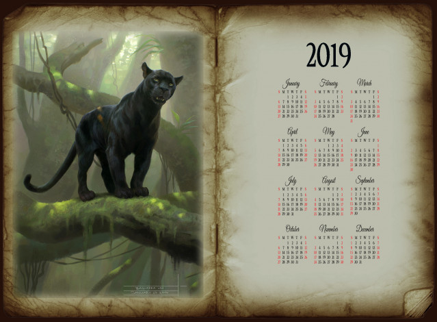 Обои картинки фото календари, рисованные,  векторная графика, хищник, животное, черный, книга