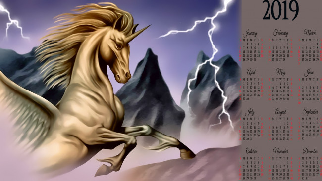 Обои картинки фото календари, фэнтези, гора, молния, конь, рог, крылья, лошадь